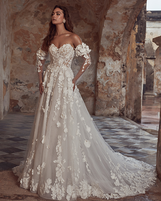 3D Floral Wedding Dress with Sleeves and A Line Silhouette